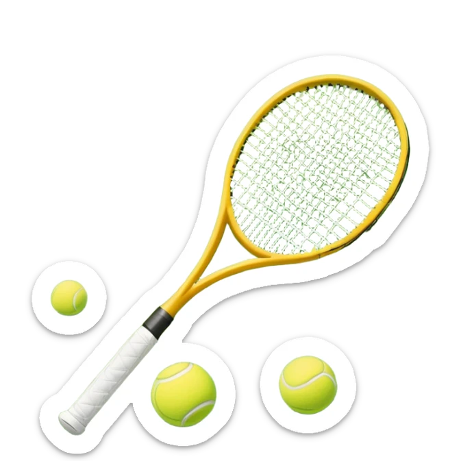 A tennis racket and ball positioned on a grass court, with the net and lines clearly visible in the background. The scene emphasizes the classic elements of the sport, capturing the energy and precision of a tennis match. sticker