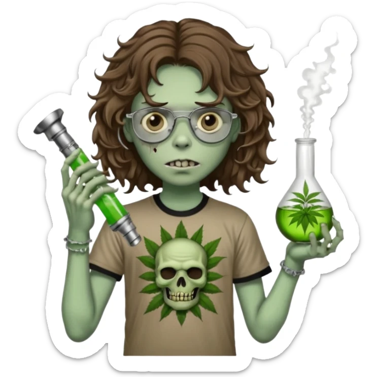 brown wavy haired zombie getting stoned with weed t shirt and bong on his hand and wearing black chrome hearts bifocals sticker