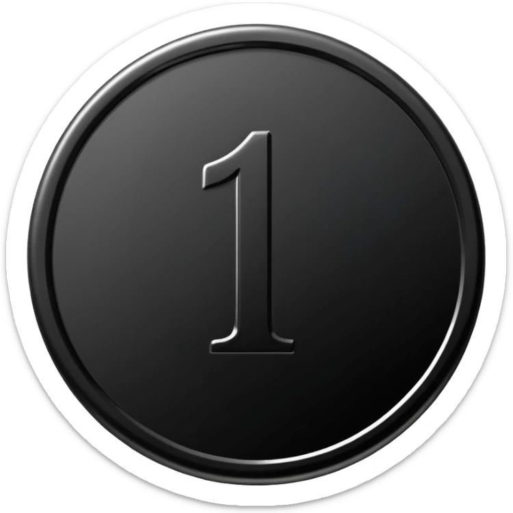 Emoji icon of a black coin with engraved number 1, minimalist style, isolated sticker