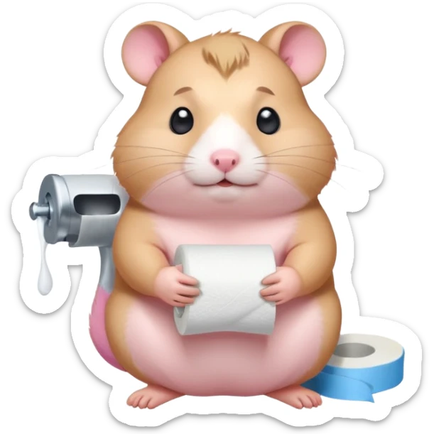 Cute chubby cartoon-style hamster sitting on toilet holding toilet paper looking as if he had an accident, sticker-style illustration sticker