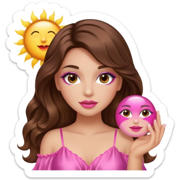 girl with long wavy brown hair, brown eyes, long lashes makeup, sexy pink lips, light to medium complexion, wearing a pink sexy silk top, holding the sun icon  sticker