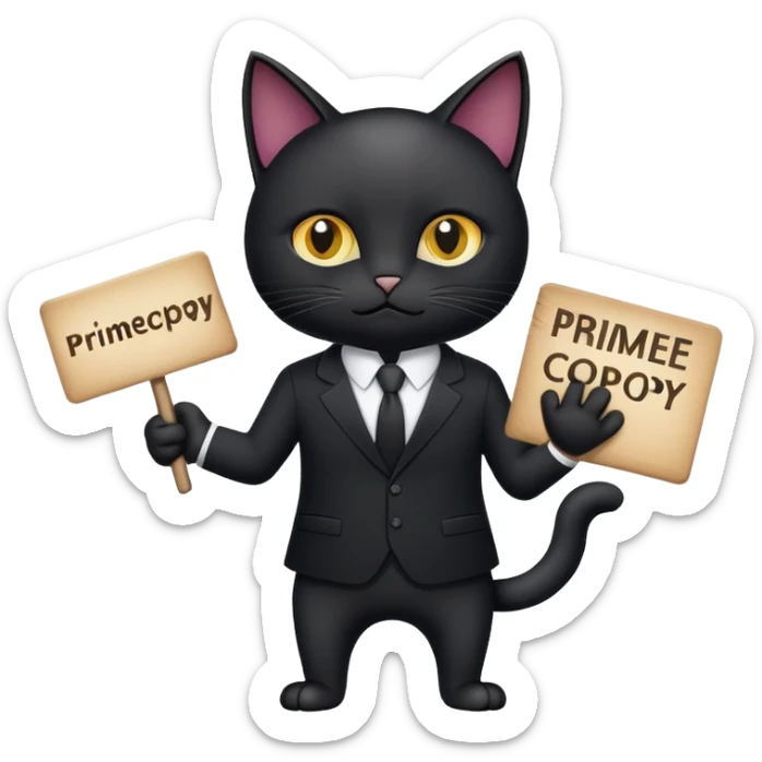 Black Cat in a black business suit holding a sign that says "PrimeCopy" sticker