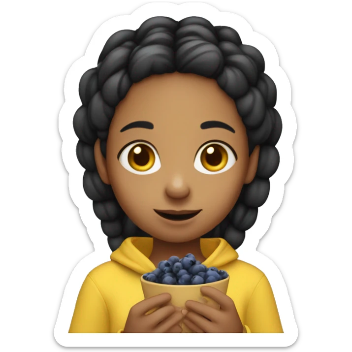 Girl wearing yellow hoodie with black hair braids eating blueberries. She is not black or white she is south Asian so light brown sticker