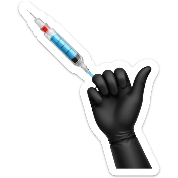 mano con guante medico de color negro sosteniendo una jeringa no tan grande y que solo se vea la mano hasta la muñeca, no el brazo y que el liquido de la jeringa sea transparente sticker