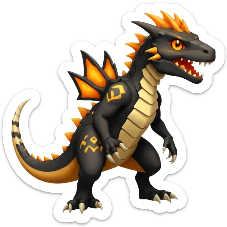Magmatic fiery badass cool obsidian-Black and golden-orange Helioptile-Marowak-Croconaw-Fakémon-hybrid-creature (full body)  sticker