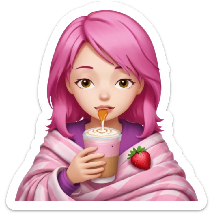 girl with pink hair inside a pink blanket sipping strawberry latte eyes closed emoji to use or share on Discord and Slack. sticker