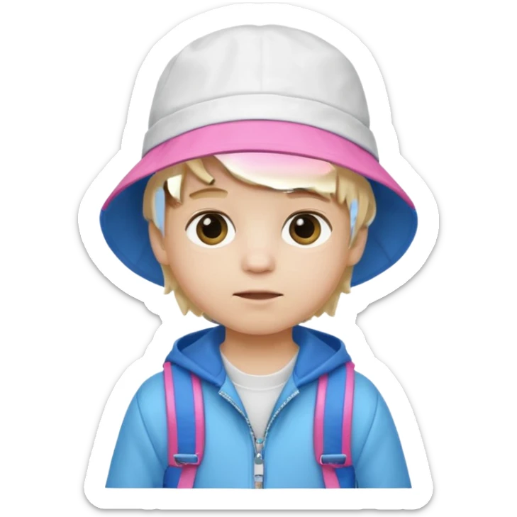 A little boy student white skin, blonde hair, with pink bucket hat, white jacket, blue backpack sticker