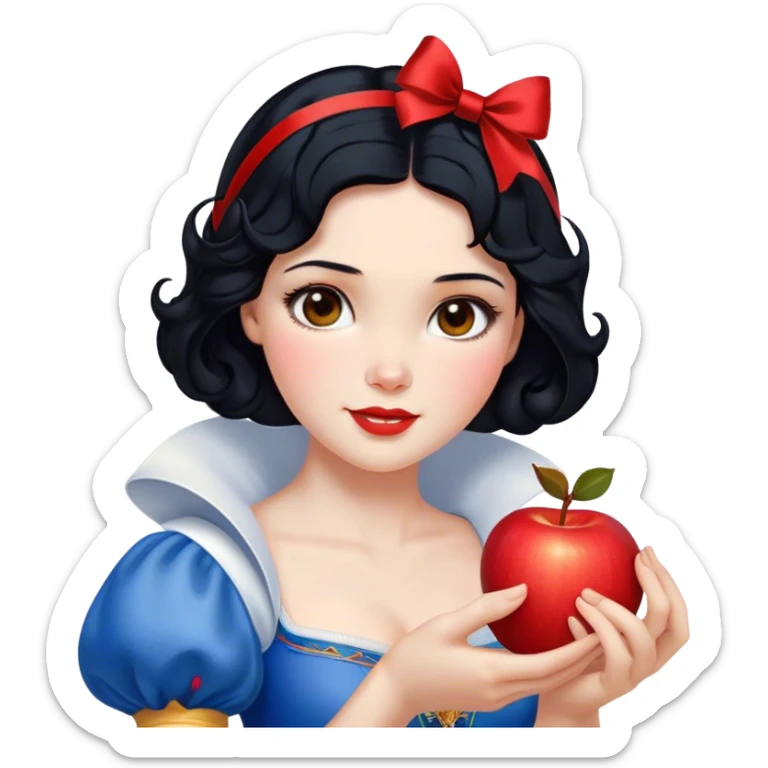 Cinematic Realistic Snow White Portrait, depicted with lifelike skin texture, soft natural lighting, and intricately detailed black hair styled with a red ribbon. Her soft brown eyes radiate innocence and kindness, complemented by a warm, gentle smile. She holds an apple in one hand, her other hand resting against her cheek, embodying her purity and charm. She is dressed in her classic yellow, blue, and red gown, the fabric rich in texture with delicate folds that catch the light beautifully. The portrait features a soft, natural glow with a radiant finish, capturing the essence of timeless beauty in a realistic and painterly style. sticker