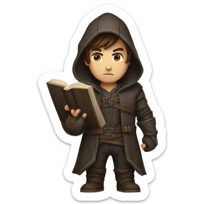 human male rogue with brown hair holding a book wearing a hood angry sticker