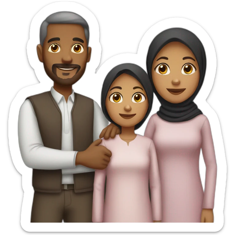 family of four, medium brown skin, dark hair, only the mom is wearing hijab sticker