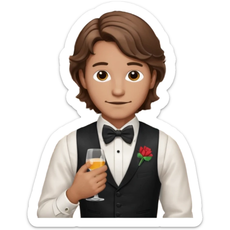 a bartender man with bow tie and vest, having brown wavy hair and tattoo 















 sticker