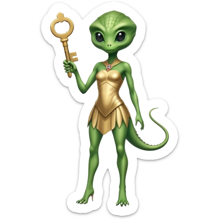 a reptilian alien woman full body, in gold dress, hold big key sticker