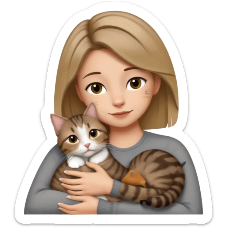 Une femme avec les cheveux dégradée, brun et blond, qui fait un câlin à son chat gris, tigré avec les extrémités que pattes pointe d’oreilles noires et le dessous du menton blanc la fille n’a pas d’oreilles, il n’y a qu’un seul chat sticker