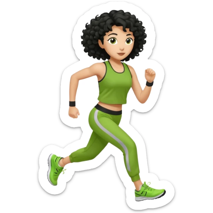a woman with olive skin tone and curly black hair wearing green and jogging sticker