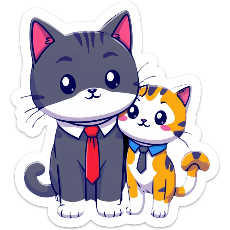happy girl cat with eyelashes wearing a colorful necktie and happy boy cat wearing a professional necktie standing together and holding paws, both with loving expressions sticker