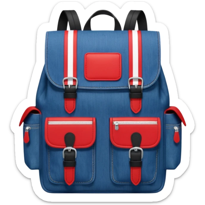 Minimalist emoji-style icon of a stylish blue denim backpack with a flap top, two vertical black buckle straps, a large red-white-navy horizontal block in the center, and two zipper side pockets. Inspired by Tommy Jeans design. Front view, cartoon-like, clean design.

 sticker