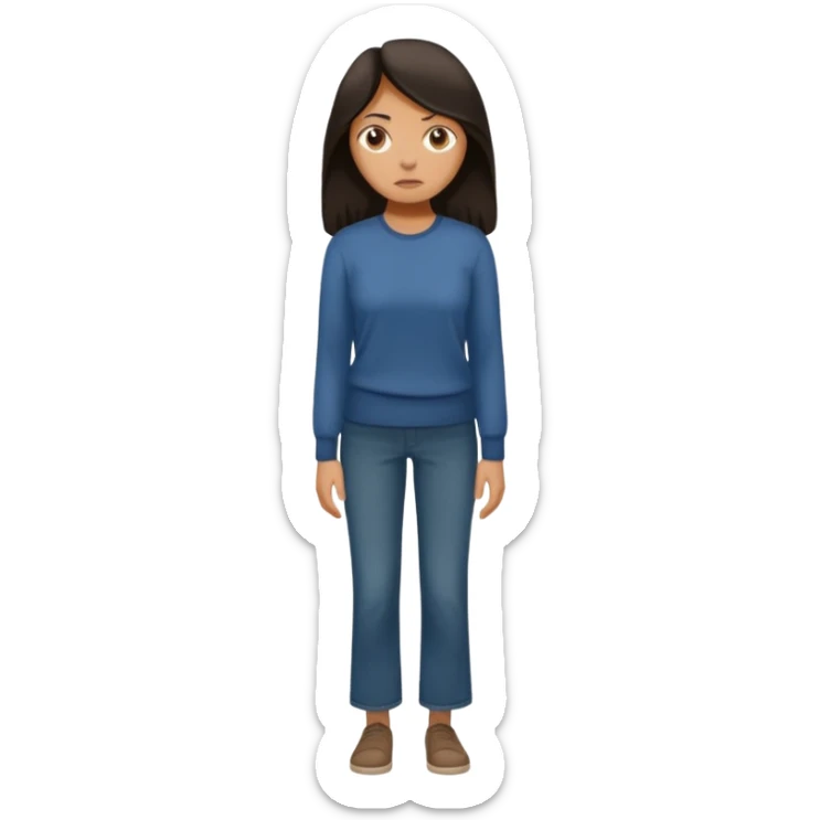 "Cartoon emoji of a woman with long, loose dark hair, wearing plain, simple clothes. Full-height, standing, nervous, unsure, worried expression. Slightly hunched, anxious posture. Smooth, simple, stylized." sticker