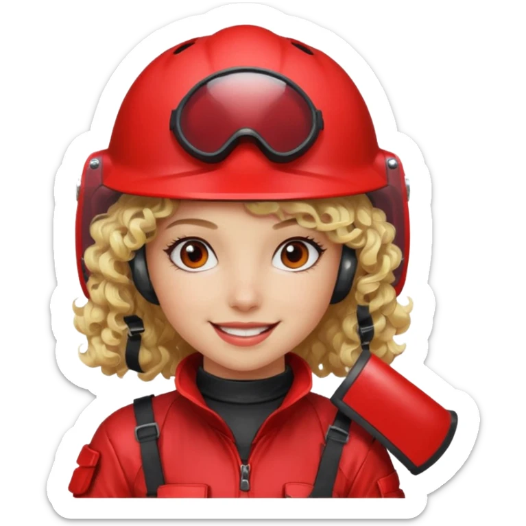 blond curly girl playing paintball with red paintball helmet with eye protection, only face sticker