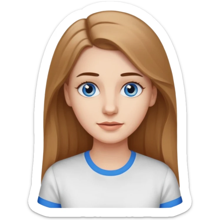 A pretty white girl with long slightly light brown hair dark eyebrows and braces and blue eyes wearing a white shirt and she has a long face sticker