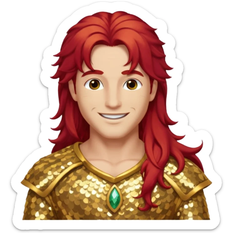 Adonis, God of Beauty from Gods and Goddesses with long red hair, gold sequin outfit sticker