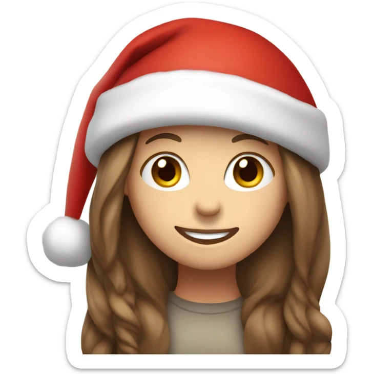 White skinned girl with long brown straight hair with a Santa hat on smiling sticker