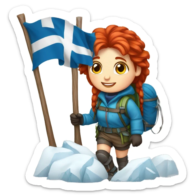 Female winter mountaineer red hair white skin climbing with Greek Flag and Easter eggs basket sticker