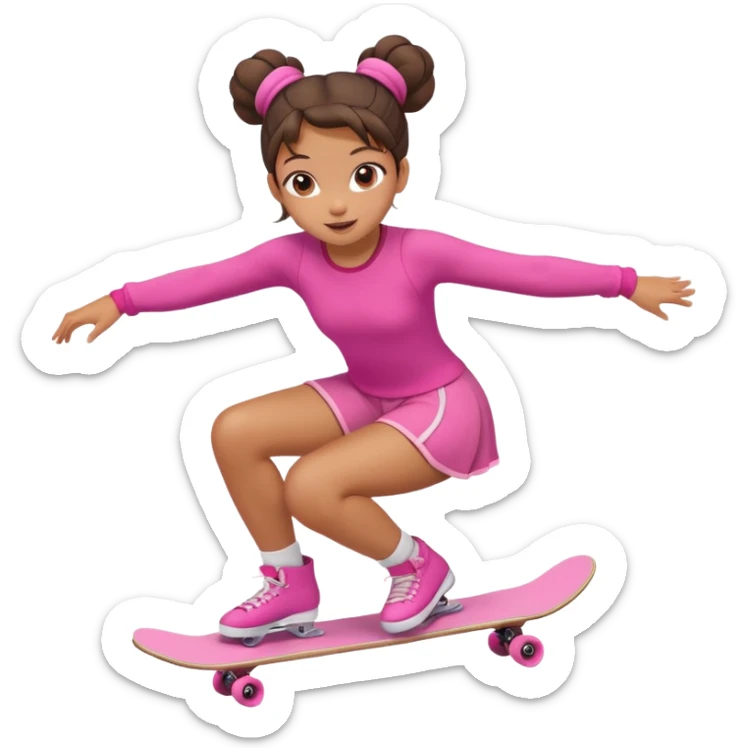 Cute skater girl with two buns and pink outfit, gliding with playful energy. sticker