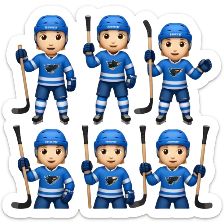 Set of 8 hockey sticker emojis for kids: happy player with a puck, tired player, celebratory player, player cheering, hockey helmet, hockey stick, ice rink, and team logo. sticker