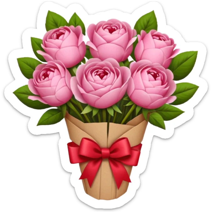 Bouquet of pink flower like rose and peony wrapped in kraft paper with red bow sticker