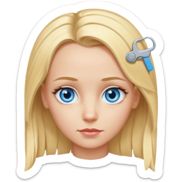 blonde girl, blue eyes with clips in hair and the forehead as big as megamind sticker