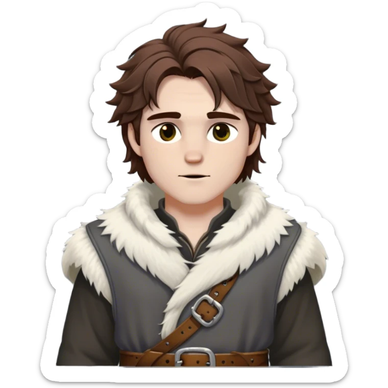 Medieval winter outfit worn by a DnD themed fantasy male character. Heavy slate gray wool tunic with wolf fur trim, featuring carved bone toggles and a wide leather belt with iron buckle. Clothes only above the waist, full waist coverage. The character has no arms. Character is white-skinned with dark copper hair, hazel eyes, and medium-length tousled hair with snow-touched strands. sticker