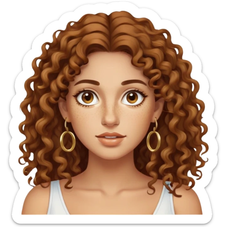 Attractive Greek woman with a wide face, freckles, long curly brown hair and gold hoop earrings sticker
