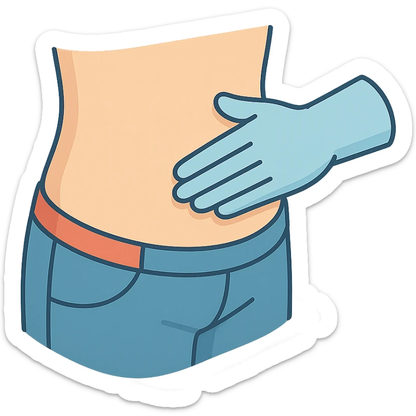 Close-up of a human abdomen with a doctor palpating the area with a gloved hand coming from the opposite side, fingers gently pressing, side view, person wearing pants (not underwear), in a very detailed 2D isometric style with soft rounded shapes, clean contours, pastel palette, detailed shadows and highlights, modern illustration, transparent background. sticker