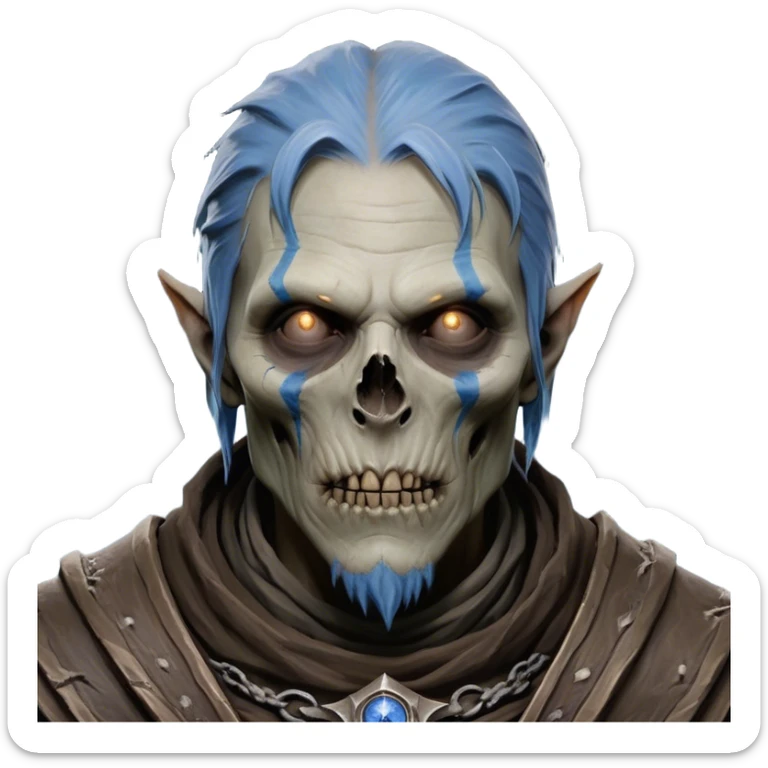Cinematic Realistic WoW undead civilian Portrait, depicted with decayed yet noble features, his weathered, pallid skin etched with ghostly blue veins and ancient scars. Clad in modest, tattered attire in muted browns and greys that remain consistently rugged, his hollow eyes burn with determined defiance. Rendered with lifelike texture and dramatic natural lighting, high shine, noble and resilient, capturing the stoic spirit of an undead veteran of Azeroth. sticker