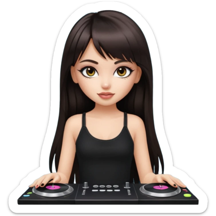 generate a pretty bratz girl in black cami top, dark brown straight long hair with bangs, eyeliner on, djing, fair sticker