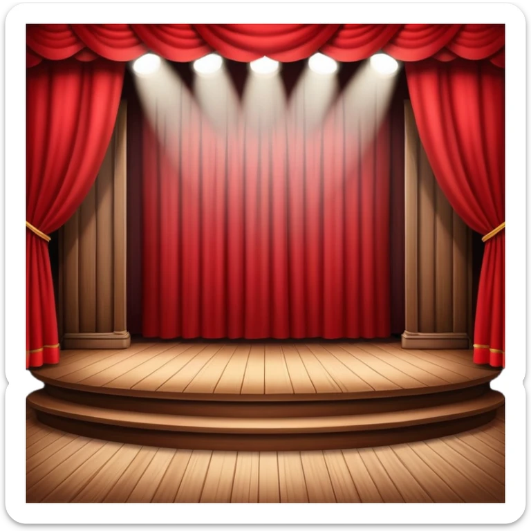 classic theatre stage with red curtains pulled to the sides, wooden floor, and spotlight focused at the center sticker