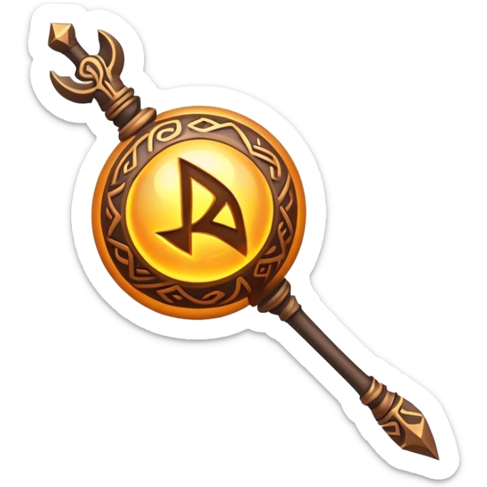Clash of Clans aesthetic: Cinematic Playful Magic Staff Emoji, rendered in a 3D vector-style similar to standard emojis with minimal shading and bold, simplified shapes. A compact, isometric enchanted staff with intricate runic carvings and a glowing orb at its tip, softly glowing with a mystical arcane charm. Simplified yet unmistakably iconic, highly detailed and consistent, glowing with a soft radiant glow and high shine. Stylized with a touch of legendary sorcery and a soft glowing outline, capturing the essence of a powerful magic staff with a friendly, playful vibe! sticker