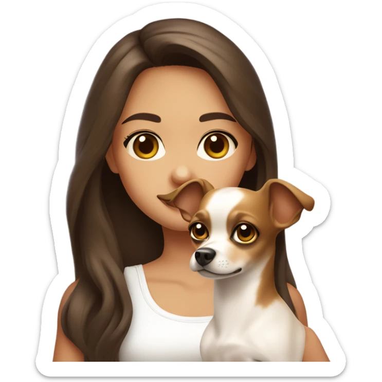 A girl with long brown hair, big brown eyes, very big lips wearing a white singlet top, she is holding a chihuahua that is completely light yellow  sticker