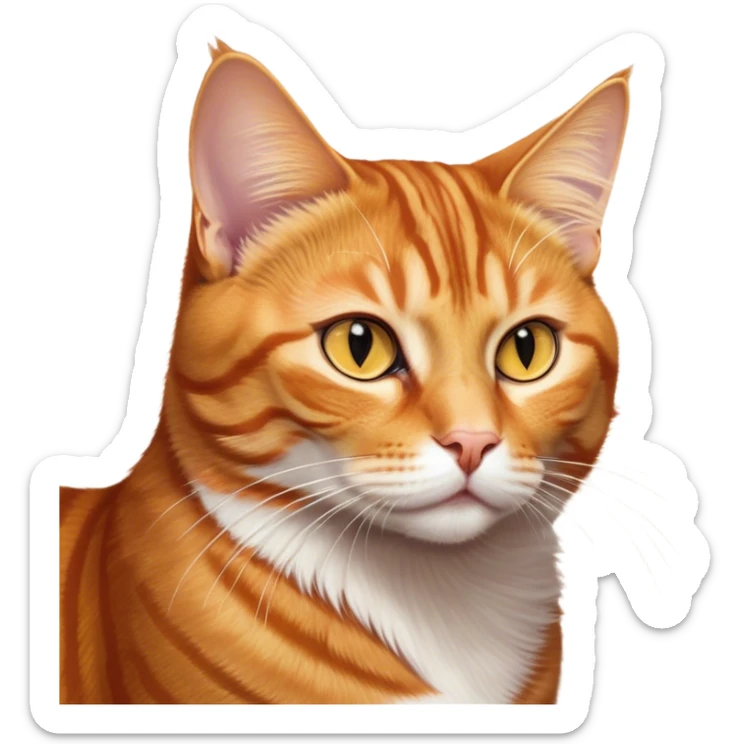 Cinematic Noble Ginger Tabby Cat Portrait Emoji, Poised and regal, with sleek orange-brown fur featuring bold tabby stripes and a distinct M-shaped marking on the forehead, bright amber eyes, Simplified yet sharp and sophisticated features, highly detailed, glowing with a soft, dignified glow, high shine, intelligent and graceful, stylized with an air of elegance, focused and attentive, soft glowing outline, capturing the essence of a watchful and refined feline, so majestic it feels as though it could glide across the screen with effortless confidence! sticker