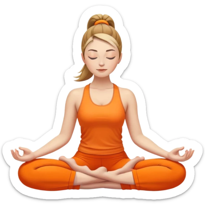 caucasian woman with ponytail in lotus position meditating, eyes closed, peaceful expression, bright orange yoga clothes sticker