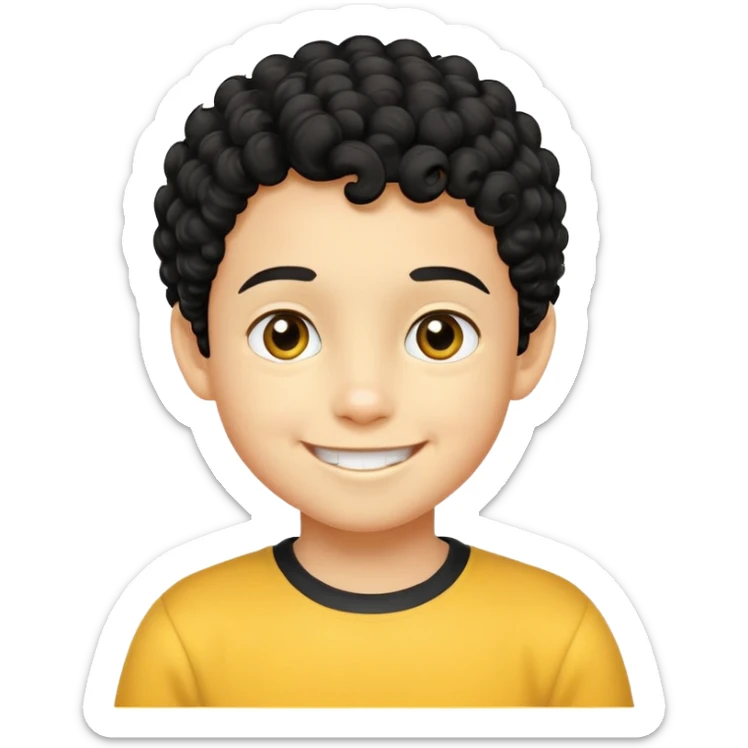 bé trai 10 tuổi, da vàng, tóc ngắn xoăn màu đen, mặt cười tươi vui vẻ sticker