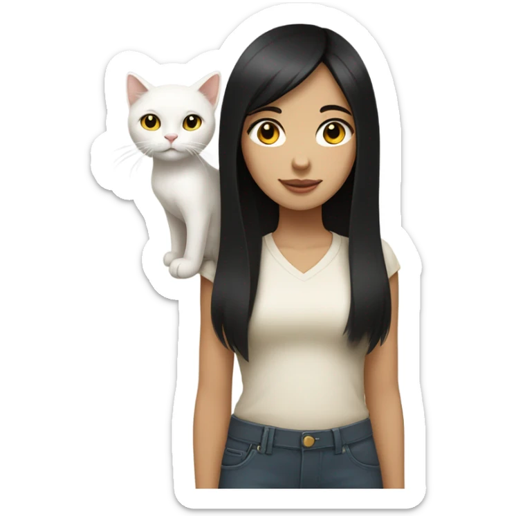 Girl with black straight hair white skin brown eyes holding white cat with yellow eyes sticker