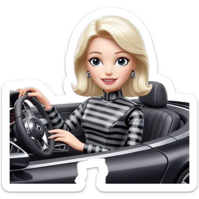 Darth Vader Barbie, 1910 teen Morticia Addams from academy, in dark-gray and black striped outfit. Smiling Driving Mercedes 450 convertible sports car. Pale-white porcelain skin.  sticker