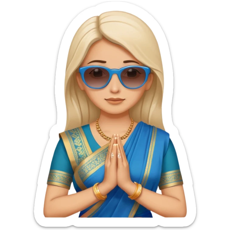 white women wearing blue Saree , sunglasses and joined hand in praying position sticker