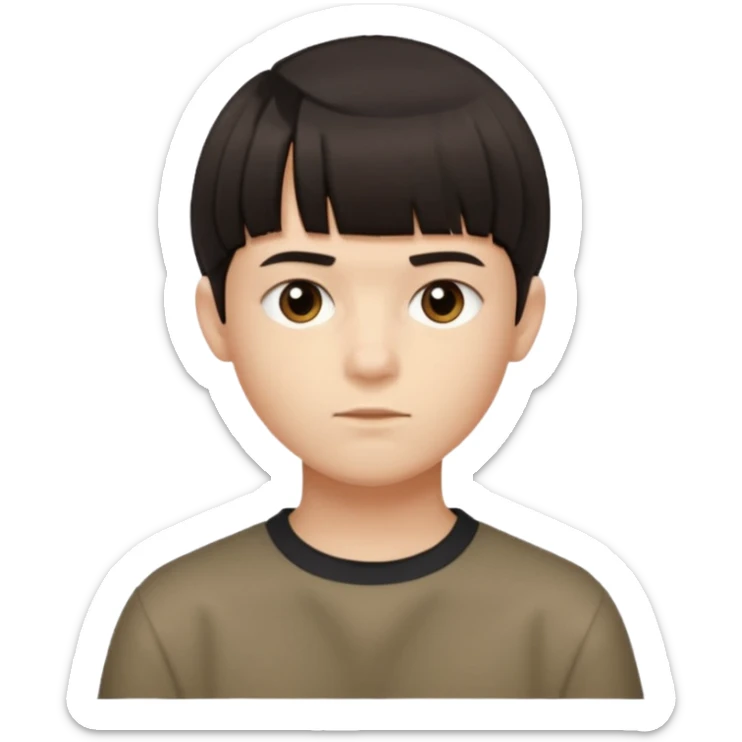 A boy no long hair À emoji that don’t smile Dark brown thick hair, short blunt fringe with straight bangs, compact textured top, evenly cut front, short tapered sides (not shaved), clean modern haircut, realistic emoji style, neutral expression. sticker
