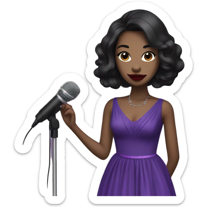 tall girl with long straight black hair with red lipstick with a microphone and purple prom dress sticker