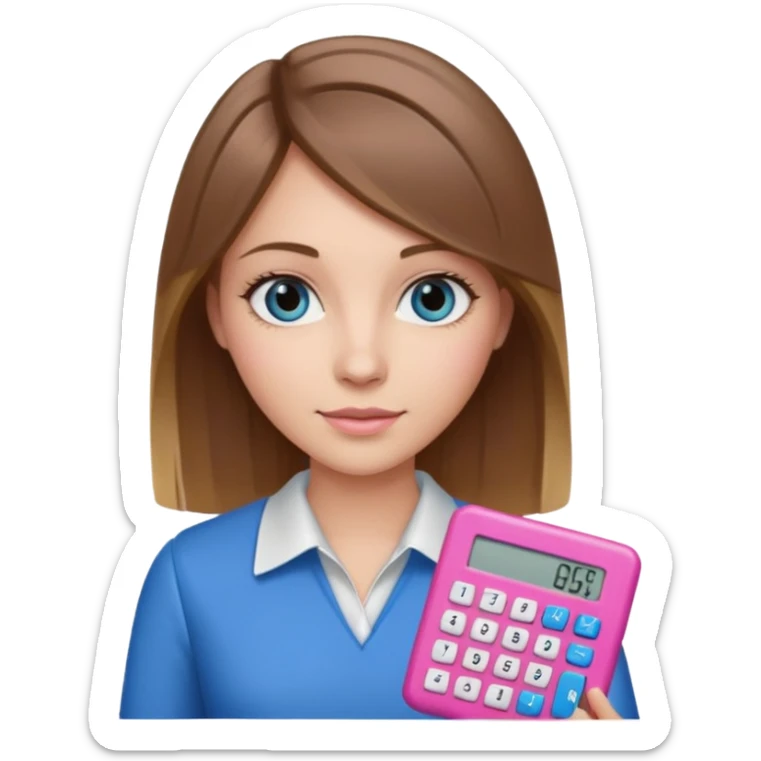 female with straight brown hair with blonde highlights and blue eyes holding a pink calculator sticker