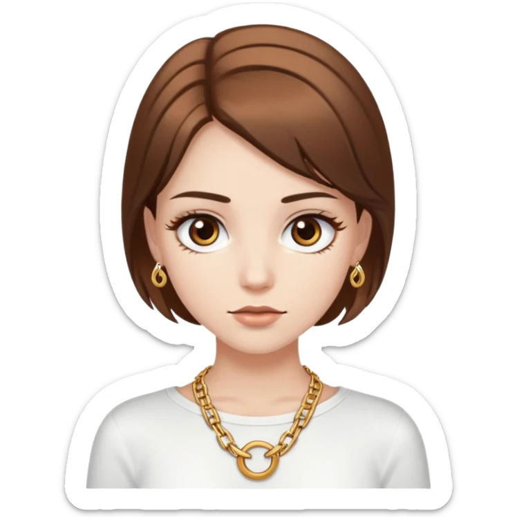 White-skinned girl with brown hair, brown eyes, and long eyelashes wearing a white top and a gold chain  sticker