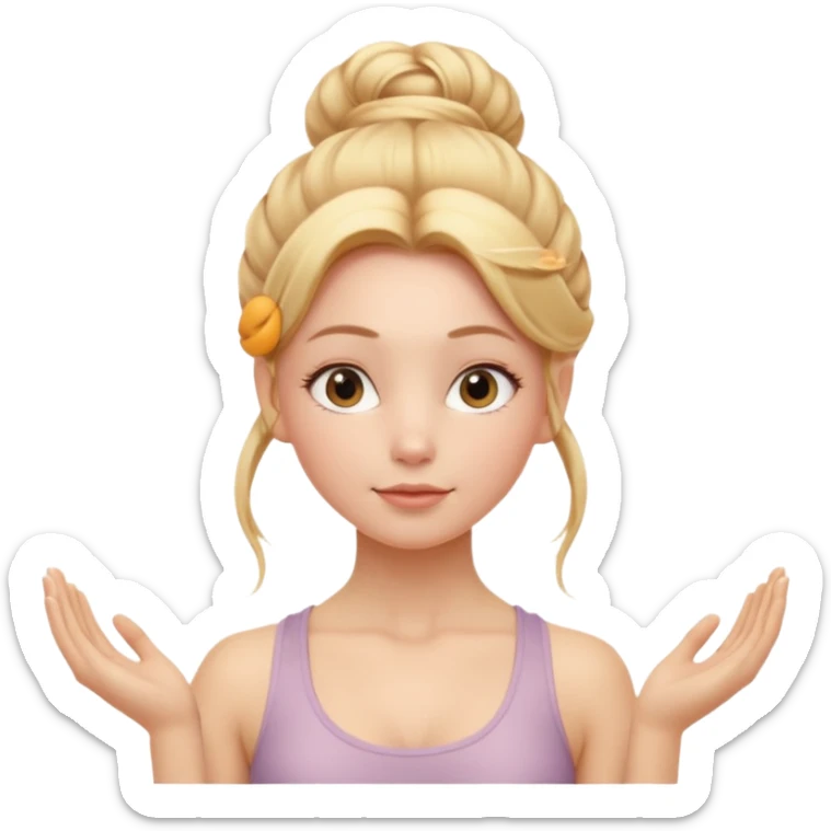 Cinematic Realistic Yoga Girl Portrait, depicted with lifelike skin texture, subtle rosy undertones, and soft natural lighting that enhances the gentle contours of her face. Her intricately detailed golden blonde hair is elegantly styled in an updo, sticker