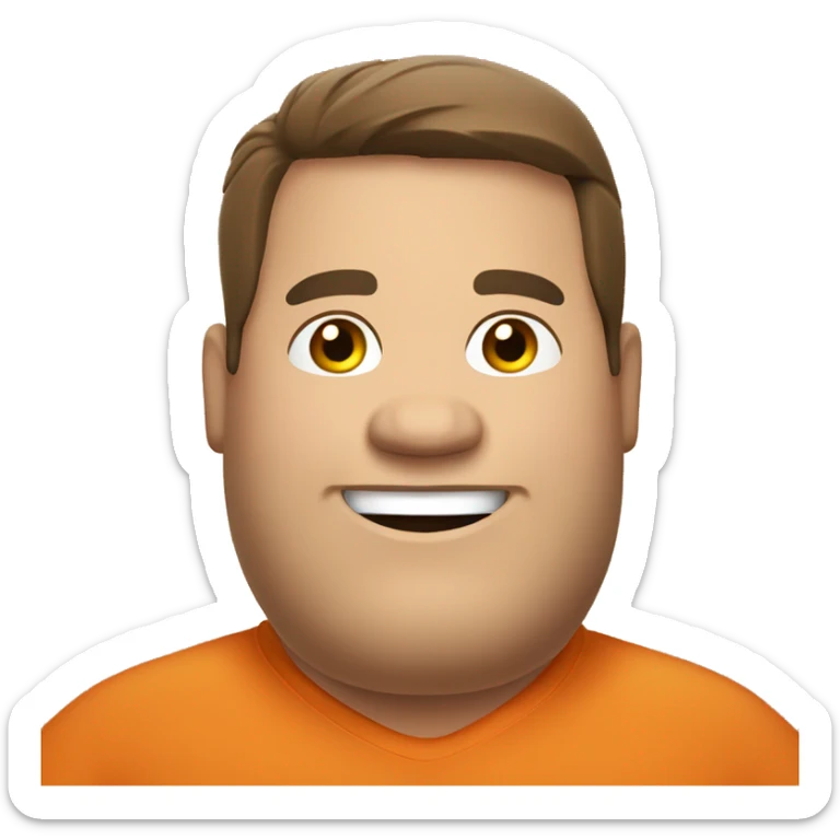 fat man, brown hair and brown eyes smiling, orange shirt, crossing arms, funny sticker